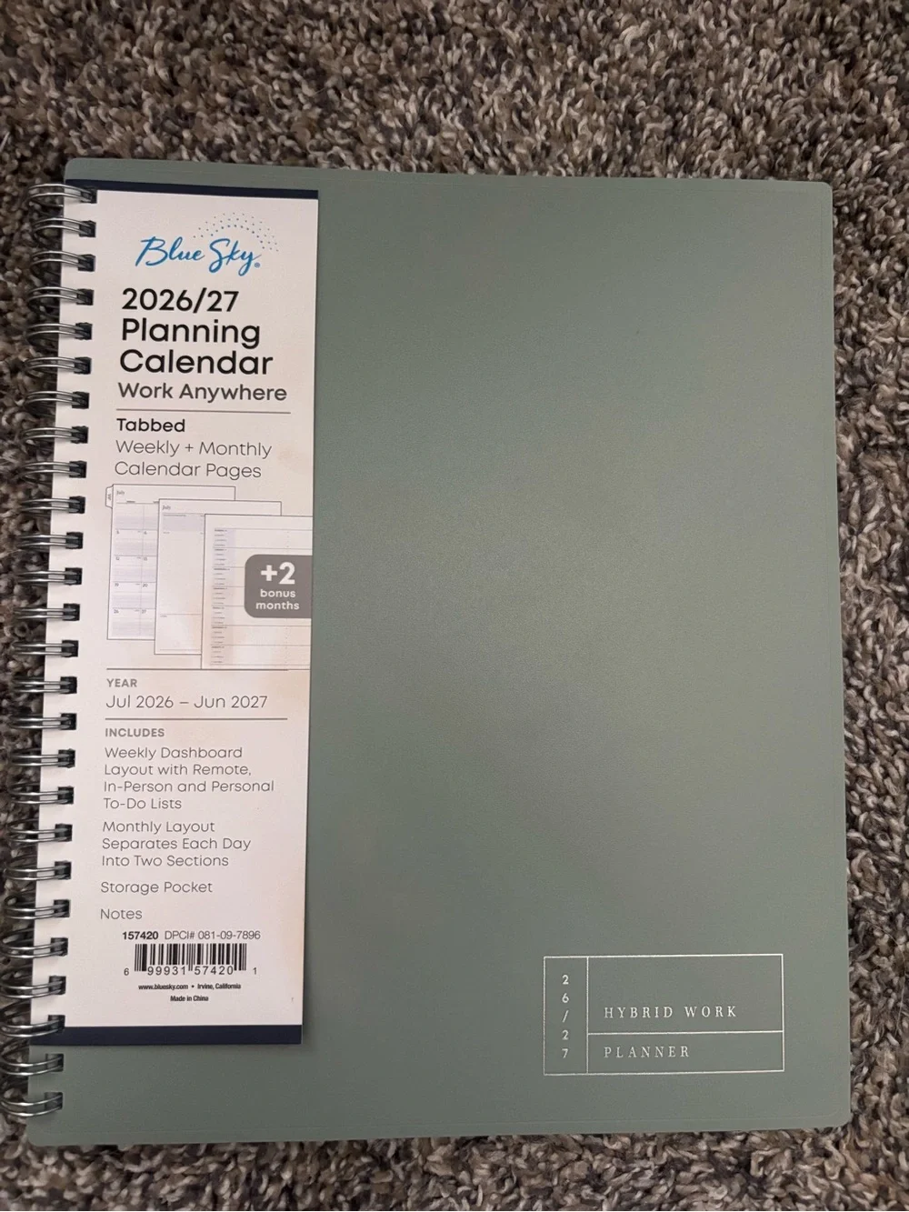 Blue Sky 2026/27 Hybrid Work Planner - Sage Green
